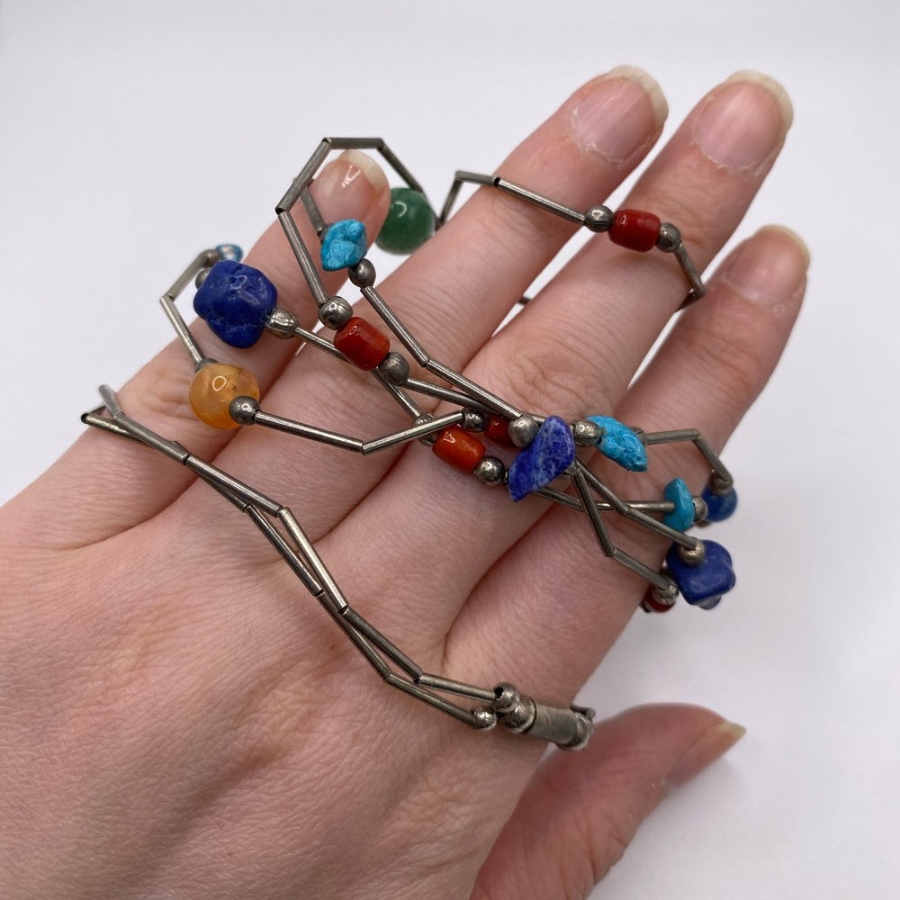 Vintage Double Strand Liquid Sterling Silver Multi Gemstone Necklace - Picture 5 of 8